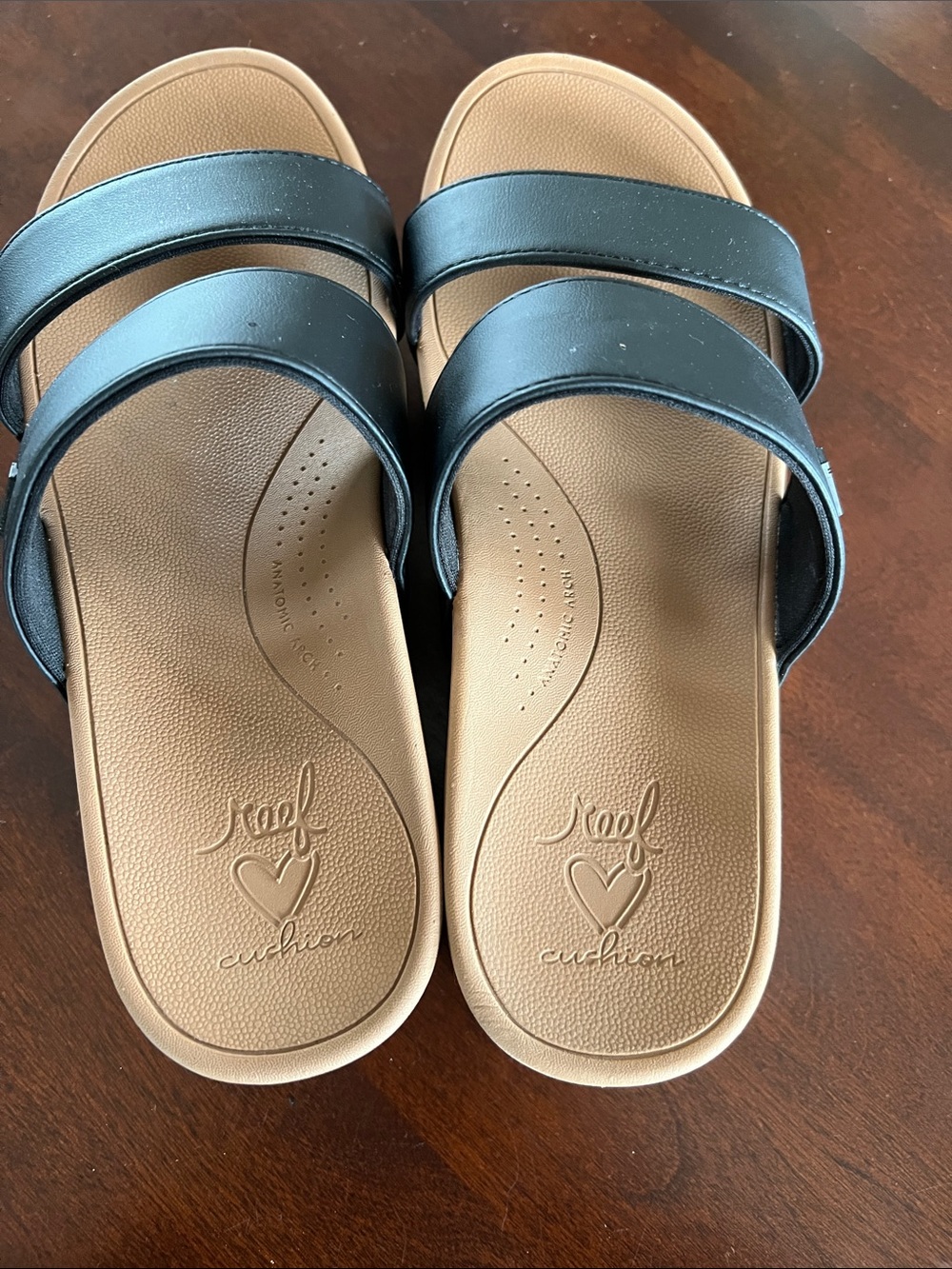 Reef Women’s Black Double-Strap Platform Slide Sandals Comfy with Tan Footbed.